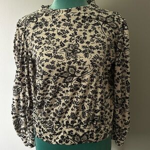 LOFT Black and White Puff Sleeve Ruched Blouse